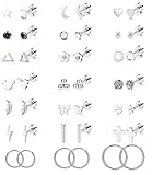 21 Pairs Stainless Steel Earrings Set for Women Men Star Moon flower Snake Leaf 20G Cartilage Earrings Set Hypoallergenic Flatback Earrings Piercing Jewelry