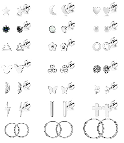 Staligue 21 Pairs Stainless Steel Earrings Set for Women Men Hypoallergenic 20G Flat Back Studs Earrings and Hoop Earrings Set Star Moon flower Snake Leaf Cartilage Piercing Earrings Jewelry Gifts