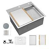 TORVA 25-Inch Workstation Drop-in Stainless Steel Single Bowl Kitchen Sink, 16 Gauge Stainless Steel Topmount Single Bowl with Stainless-steel Bamboo Cutting Board and Drain Tray (25 x 22 x 10 inches)