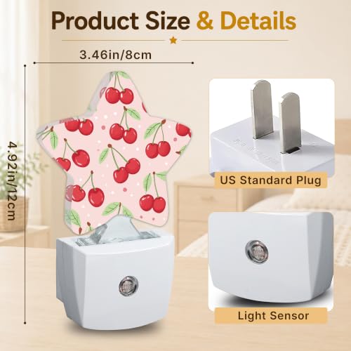 Image of Pink Cherry Star Night Light Plug in, Decorative Night Light for Kids Room Nursery Bedroom, Soft Glow Sensor Lamp for Hallway Bathroom, Compact Energy Saving