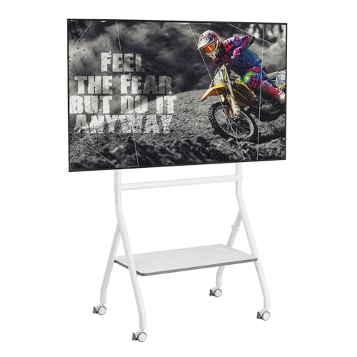 Mobile TV Stand for 32–86 Inch Screens, Height Adjustable Rolling TV Cart with Lockable Wheels, VESA 600x400mm, Max Load 45 kg, Cable Management, Sliding Pivot, Shelf Load 10kg, White| TF-RG9W