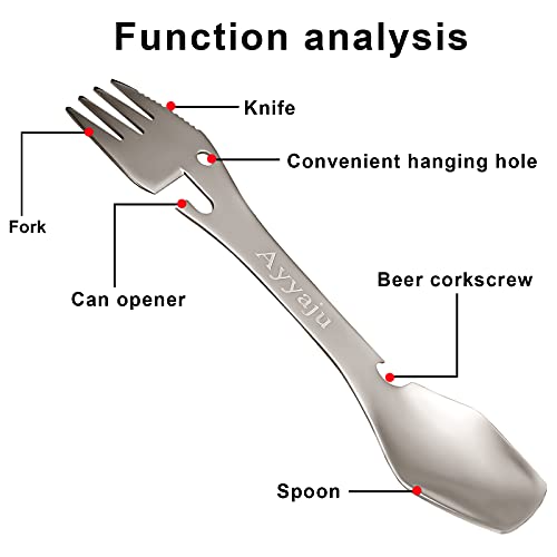Ayyaju Multifunctional Camping Tableware 5-In-1 Stainless Steel Camping Can Opener Spoon Fork Knife And Bottle Opener Multifunctional Tableware For Camping And Hiking Camping Utensils(2 Pcs） #TOP1
