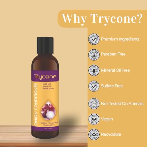 Image of Trycone Onion Conditioner for Dry & Frizzy Hair with Red Onion, Vitamin E & Natural Actives - Hair Growth, Damage Control, Strength & Shine - Unisex, No Side Effects, 200 ml