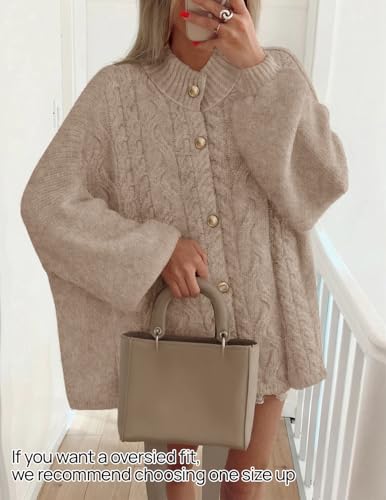 ZESICA Women's Button Down Cardigan Sweaters 2025 Fall Lantern Long Sleeve Mock Neck Chunky Knit Outerwear Coat2