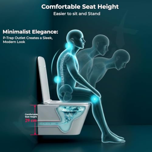 Image of Plantex Imported Italica Ceramic Rimless Square Washdown Western Toilet /Wall Mounted Commode /P Trap Commode with Soft Close Seat Cover (Glossy White)