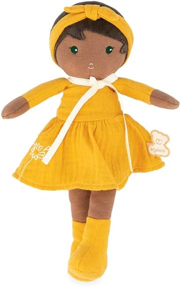 KALOO - Tendresse - Ma 1ère Poupée en Tissu Naomie - Poupée de Chiffon 25 cm - Robe Jaune - Jolie Boite Cadeau et Ruban Personnalisable - Dès la Naissance, K200008 - 2