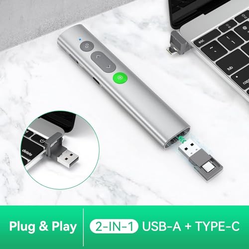 Wireless Presenter für Präsentationen Fernbedienung Powerpoint, 2.4GHz USB-C Präsentation Fernbedienung Präsentator Pointer Präsentationspointer für Windows Mac Linux (Grünes Licht - Hyperlink)