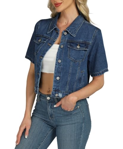 LifeShe Cropped Denim Jacket for Women Short Sleeve Casual Ripped Jean Jackets Distressed Trucker Coats3