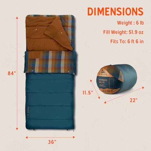 Image of Kelty Wayback Flannel Lined Sleeping Bag, Built in Blanket, Traditional Rectangle Shape, Organic Flannel Cotton Liner, Dual Locking Slide Zips