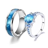 Custom Engraved Couple Rings Set Promise Rings for Him and Her Purple Matching Wedding Rings for Couples Black and Blue Titanium Rings for Men Wedding Band CZ Engagement Ring for Women (Silver+Blue)