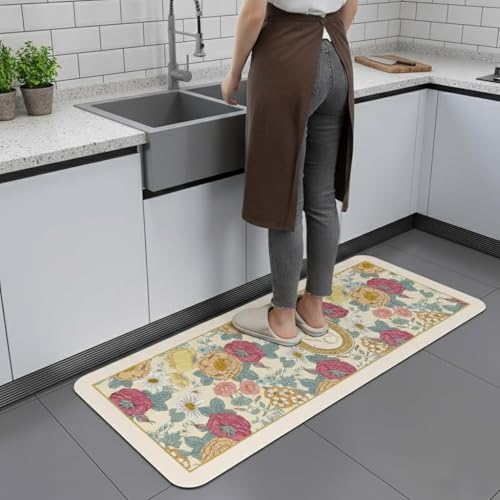 Image of HomeCloud Rubber Kitchen Mats for Floor Set of 2 Pcs|Non-Skid, Soft Absorbent Rugs for Kitchen, Laundry, and Hallway|120x40cm, 40x60cm| 4mm Thickness (Botanica Beige Pink)