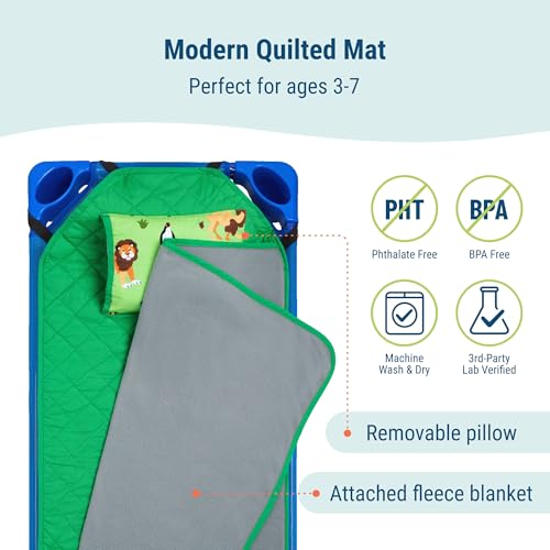 Image of Wildkin Modern Kids Nap Mat with Pillow for Boys & Girls - Cotton Blend, Elastic Straps, Toddler Sleep Mat for Daycare, Preschool, Kindergarten & Travel, Ages 3-7, Machine Washable - Wild Animals