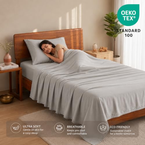 Image of LANE LINEN 100% Organic Cotton Bedsheet for Single Bed - Silver | GOTS Certified, Percale Weave, 60x90 inches, Soft & Breathable, Machine Washable, Includes 1 Pillow Cover
