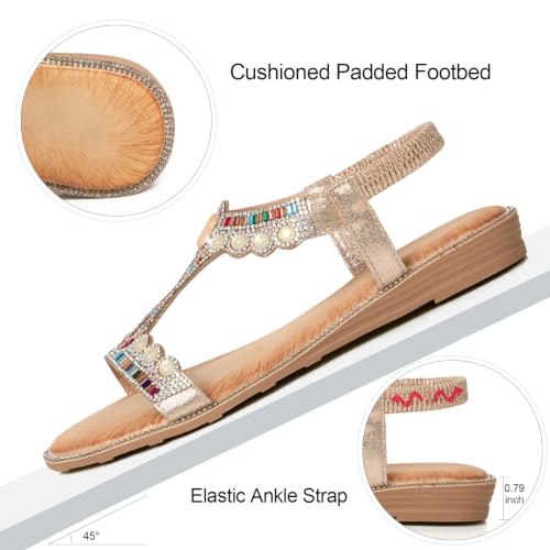 Image of iCKER Womens Rhinestone Strappy Flat Sandals Elastic Ankle Strap Open‑Toe | Sparkling,for wedding,party,evening dates,special occasion,Vacation,Formal