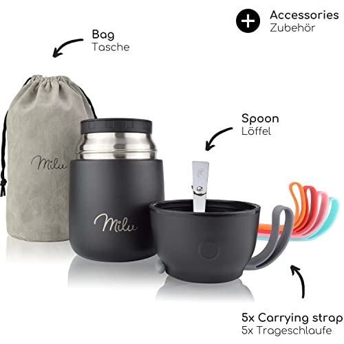 Foto von Milu® Thermobehälter für Essen 450ml, Edelstahl Warmhaltebehälter mit Löffel, Thermobecher Essen, Thermo Lunchbox für Kinder, Erwachsene, Thermobox Suppen, Babybrei, Speisebehälter Schwarz, 450ml