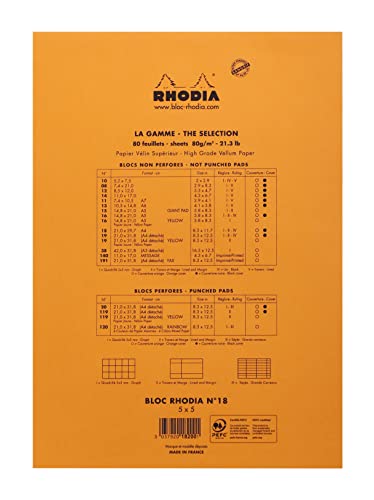 RHODIA 18200C, Stapled Notepad N°18 Orange, A4, Small Squares, 80 Detachable Sheets, 80G Clairefontaine Paper - Image 2
