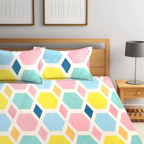 Image of Cotton Feel Glace Cotton Elastic Fitted Printed King Size Double Bed Bedsheet with 2 Pillow Cover (72 inchx78 inch, Thirbhuj)