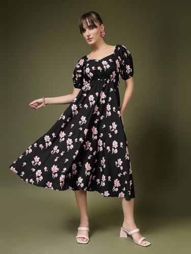 Image of OOMPH! Below Knee Shift Pink Dress in Crepe Fabric with Round Neck and Puff Sleeves - md619l