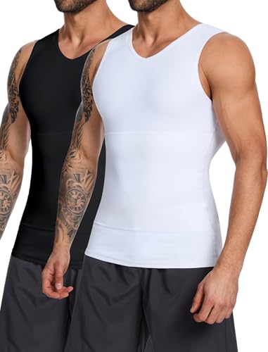 MISS MOLY 2 Pack Gynomastica Tummy Control Undershirt V Neck Compression Shirt for Men Slimming Vest Tank Tops Shapewear