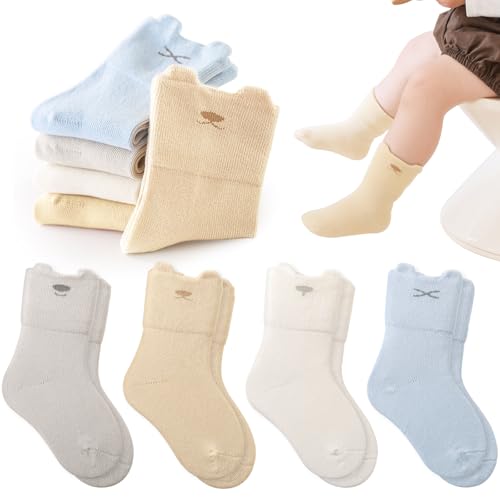 Simpeak 4 Pares Calcetines para Bebé, Unisex Niñas Niños Calcetines de Algodón Elástico, Cómodos y Suaves, Respirable Calcetín Bebé para Niñas Niños 1-3 Años, Estilo A