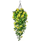 Artificial Fake Hanging Flowers Plants Basket for Spring Outdoor Outside Decoration, UV Resistant Faux Plastic Fabric Flower Morning Glory Wisteria Petunia for Garden Porch Patio Balcony Yard Decor