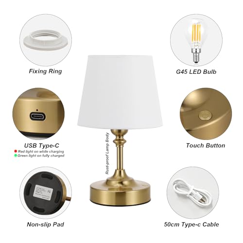 Image of Kakanuo Mini Cordless Table Lamp Gold - 1 Pack 4000mAH Battery Operated Lamp for Decor, 3000K Stepless Dimming Touch Control Rechargeable Lamp for Bedroom, Dining Table, Counter, Living Room