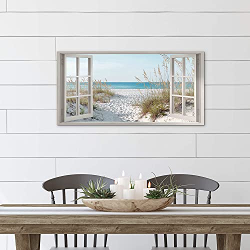Beach Window Wall Art Canvas: Relaxing Bedroom Living Room Blue Ocean Coastal Scene Picture Modern Tropical Sea Landscape Painting Print Decor Horizontal Summer Seascape Artwork for Home - Image 5