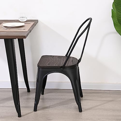 Metal Dining Chairs Stacking Metal Farmhouse Chairs With Rubber Feet Wood Seat Kitchen Chairs Trattoria Chairs For Restaurant Bistro Cafe Industrial/Vintage/Rustic Matte Black Set Of 4 #TOP7