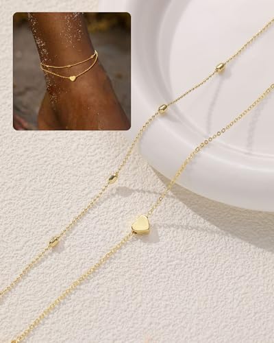 Image of FUNEIA Gold Silver Ankle Bracelets for Women Waterproof 14K Gold Plated Anklets for Women Non Tarnish Dainty Layered Beaded Heart Anklet Set Summer Beach Foot Chain Jewelry Gifts Trendy Stuff