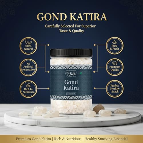 Image of LILA DRY FRUITS Gond Katira 100 gms Natural Edible Gum | Premium Tragacanth Gum Best for Summer Recipes and Drinks | Soak & Use for Desserts Falooda Traditional Recipe Perfect for Gifting