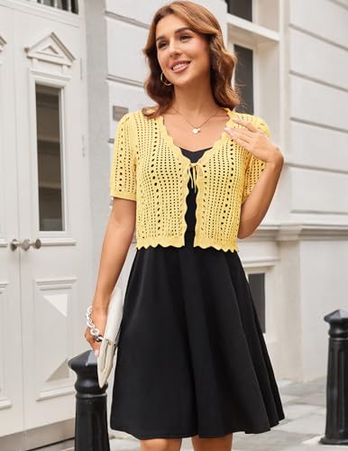 Image of Kate Kasin Women Crochet Shrug Knit Sweater, Short Sleeve Cropped Cardigan | Tie Front Tops Light Weight, Knit Cover Up Arm Bolero For Evening Dresses Dressy Casual, Ladies Eyelet Shawl Thin Formal