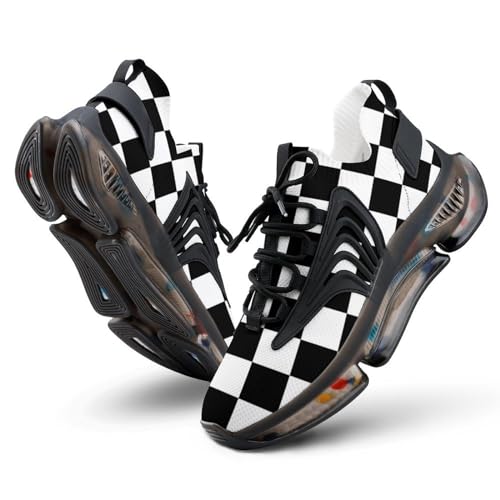 Checkerboard Black White Checkered Mens Running Shoes Lightweight Walking Tennis Shoes Soft Soled Elastic Cushion Basketball Shoes