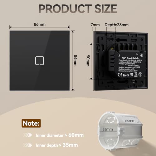 BSEED Smart Touch Lichtschalter,Glas Schalter Unterputz,Wandlichtschalter mit LED Hintergrundbeleuchtung,Neu E-Serie,16A 250V,1 Fach 1 Weg,86mm Schwarz