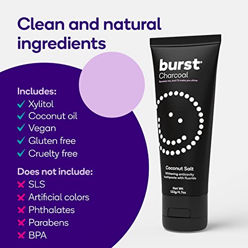 Image of BURST Charcoal Whitening Toothpaste for Adults (4.7oz) | for Sensitive Teeth with Cavity Fighting Fluoride & Xylitol |Vegan | Gluten & SLS Free | Coconut Salt | for Sensitive Teeth with Cavity Fighting Fluoride & Xylitol |Vegan | Gluten & SLS Free
