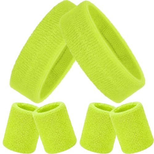 Image of Bememo 6 Pcs Neon Sports Sweatbands Set Sports Competitions Sweatbands 2 Headband 4 Wristbands Breathable Terry Cloth Athletic Bands for Team Soccer Spirit 80s Costumes Cosplay
