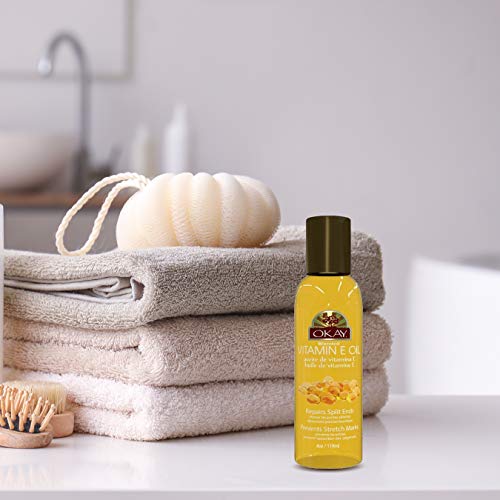 OKAY Vitamin E Blended Oil for Hair,Skin&Nail Excellent Moisturizer Prevents&Fades Stretch Marks Treat Psoriasis&Eczema Repairs Split Ends&Damaged Hair For All Hair Textures And All Skin Types Paraben Free Made in USA 4oz
