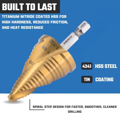 Image of NEIKO 10637A Step Drill Bit, 3 Steps 7 /8 inch to 1-7 /32 inch Spiral High Speed Steel, Titanium Nitride Coated, 1 /4 inch Quick Change Step Bits for Steel, Metal, Wood, Plastic, Unibit Cone Drill Bits, Two Flute
