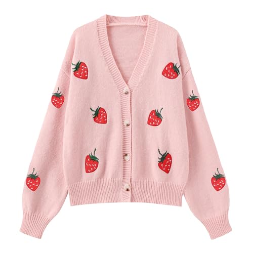 Women's Cute Strawberry Embroidered Knitted Cardigan Sweet Kawaii Button Line Y2K-Line
