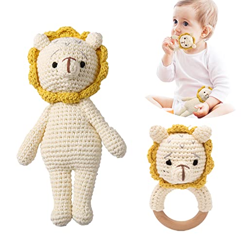 Image of 2PC Wooden Baby Lion Rattle & Crochet Doll Plush Stuffed Lion Animals Toy for Newborn Baby 18 Months+ | 100% Handmade Infant Soothe Toys for Sensory and Early Grips Development Thanksgiving Gifts