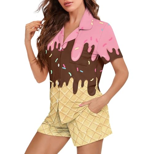 Image of Pjs Womens Short Sleeve Button Down Pajamas Set Two-Piece Nightwear with Pockets