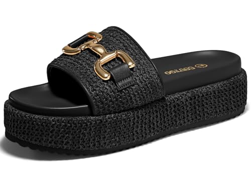 Image of Coutgo Womens Platform Sandals Raffia Espadrilles Metal Chain Slip on Open Toe Cute Beach Slide Sandals
