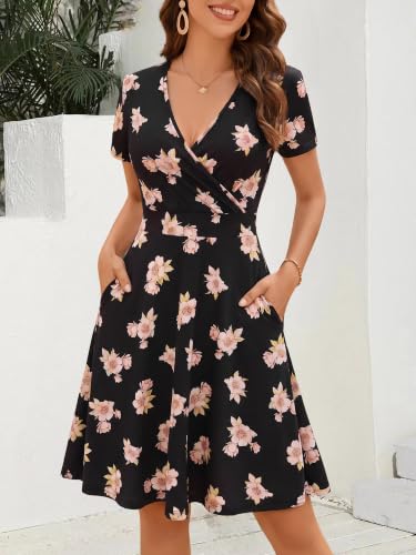 Image of MSBASIC Womens Summer Wrap V Neck Casual Dresses Floral Short Sleeve A-Line Midi Sundress