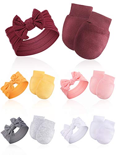 10 Pieces Baby Stretchy Bow Headband and Mittens Set 5 Pieces Nylon Knotted Headband 5 Pairs No Scratch Baby Mittens for Unisex Baby Girl Boy Infant Toddler