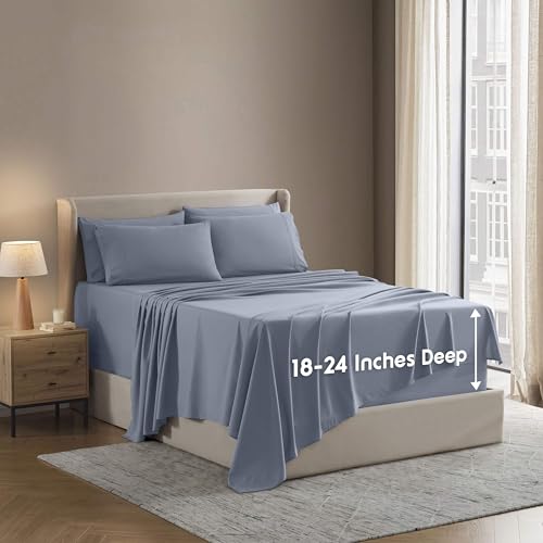 Image of Nestl Extra Deep Full Sheet Set - 6 Piece Breathable & Cooling Sheets - Hotel Luxury Bedding Set w /18-24 Inch Deep Pockets - Easy & Secure Fit - Super Soft, Wrinkle Free & Comfy - Stone Blue