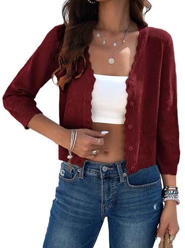 Image of Women Crop Cardigan Sweaters Lightweight 3 /4 Sleeve Button Up Crochet Shrug | Textured Bolero For Dresses Dressy Casual, V Neck, Ladies Eyelet Shawl Thin Trendy