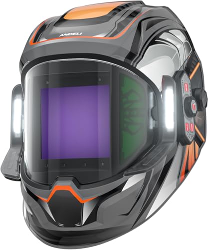 ANDELI Welding Helmet - Panoramic 180° View 3.94'X3.74',True Color Auto Darkening Welding Helmet with Light, 6 Arc Sensor, 4/5-8/9-13 Type-C Charging Moner LED