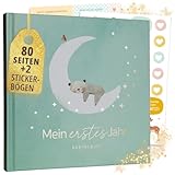 Mein erstes Jahr Babyalbum + Stickerset I Baby Fotoalbum mit Goldprägung I 80 Seiten zum Ausfüllen I Baby Geschenk für Mädchen und Junge I Geschenk zur Geburt & Babyparty (Mint)