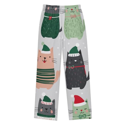 Christmas Cat Snow Boys Long Pants Soft Trousers Elastic Waist Kids Lounge Bottoms with Pockets S-XL