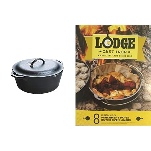 Lodge Cast Iron Serving Pot Dutch Oven with Dual Handles, Pre-Seasoned, 7-Quart + Parchment Paper Dutch Oven Liners 7 x 5 x 1