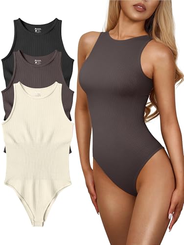 Image of OQQ Women's 3 Piece Bodysuits Sexy Ribbed One Piece Sleeveless Halter Neck Tops Leotard Summer Trendy